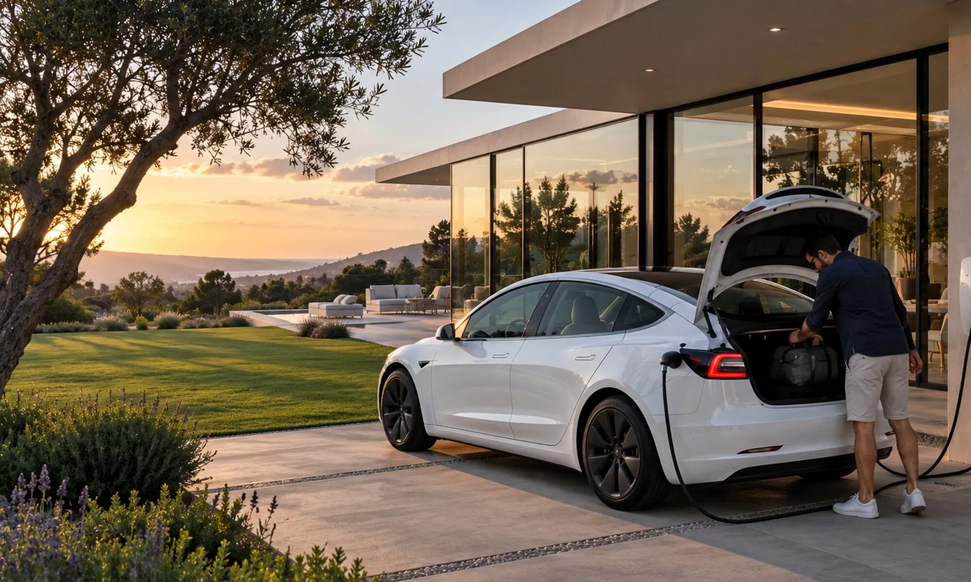 Tesla Model 3 blanco cargando en la entrada de una casa al atardecer