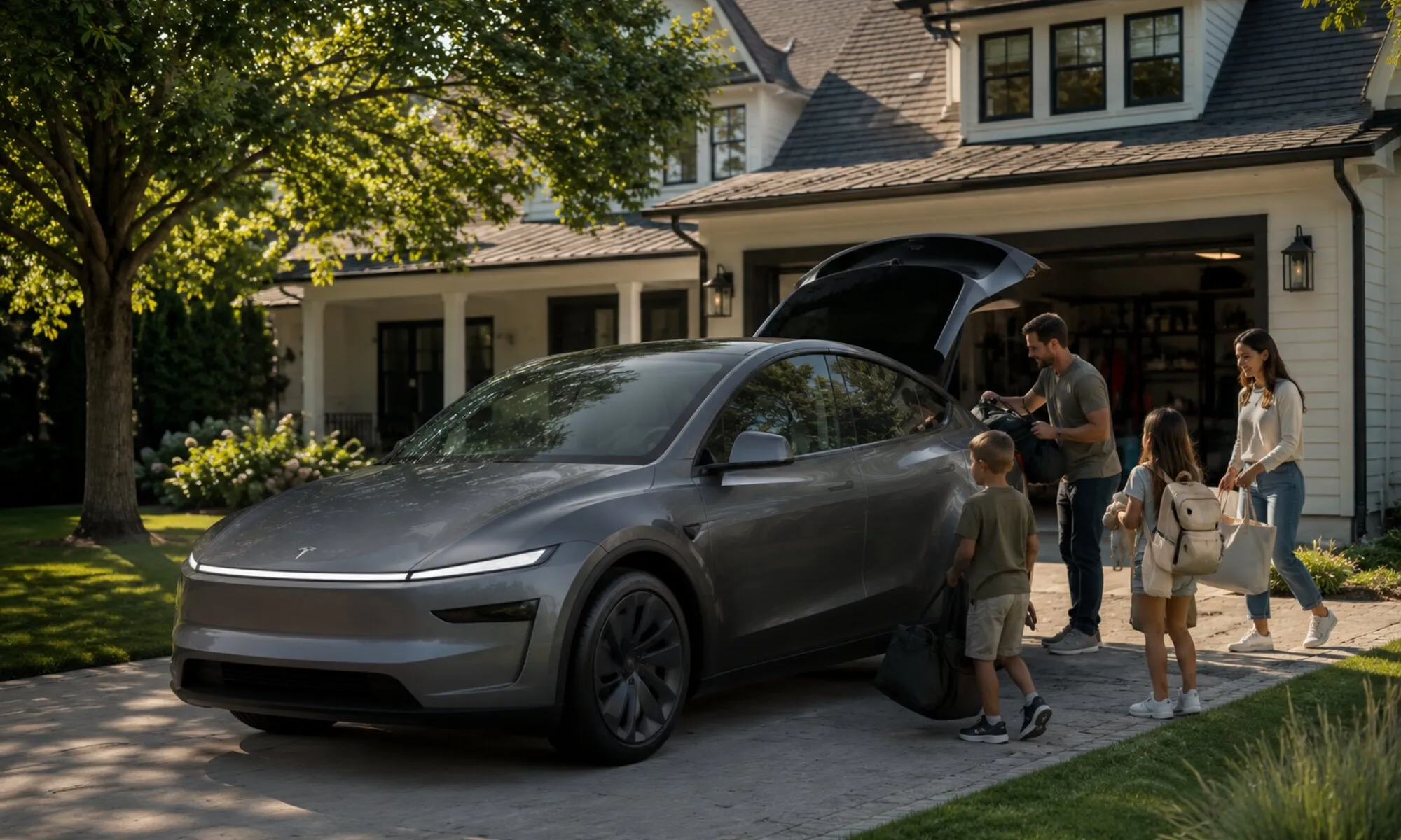 Familia cargando el maletero de un Tesla Model Y en la entrada de casa